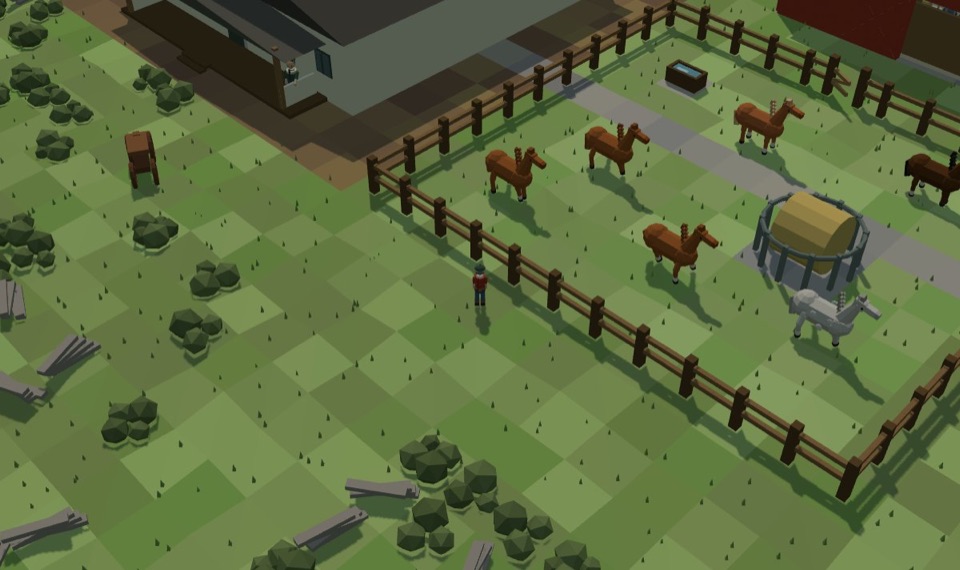 Six horses out in a fenced paddock with a round bale and a water trough, the farmhouse and the red barn behind, and Millie at the rail.
