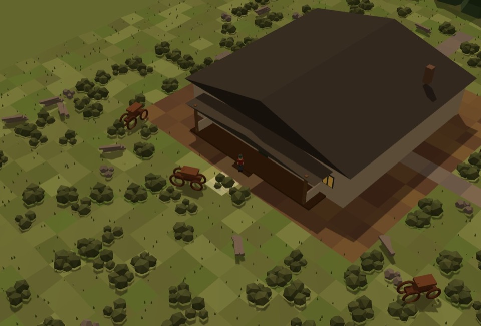 The farmhouse and the yard on the first morning, brush and old rails in the grass.
